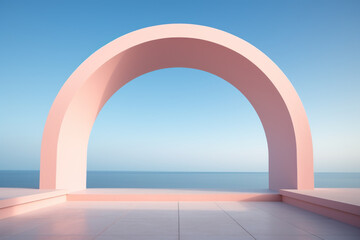 Abstract minimalist arch podium stage with pedestals for product presentation against blue sky background