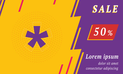 Obraz premium Sale promotion banner with place for your text. On the left is the multiply symbol. Promotional text with discount percentage on the right side. Vector illustration on yellow background