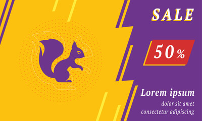 Sale promotion banner with place for your text. On the left is the squirrel symbol. Promotional text with discount percentage on the right side. Vector illustration on yellow background