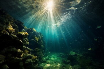Fototapeta na wymiar Stunning underwater photo with sunlight streaming from above. Generative AI
