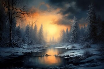 Stunning winter landscape. Imaginary creation. Generative AI