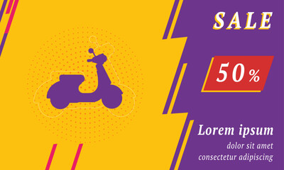 Sale promotion banner with place for your text. On the left is the scooter symbol. Promotional text with discount percentage on the right side. Vector illustration on yellow background