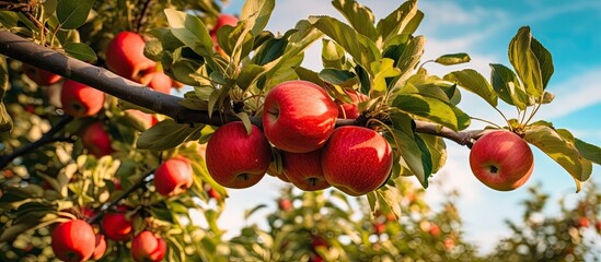 Obraz premium Farm growing red apples in apple orchard