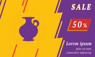 Sale promotion banner with place for your text. On the left is the antique vase symbol. Promotional text with discount percentage on the right side. Vector illustration on yellow background