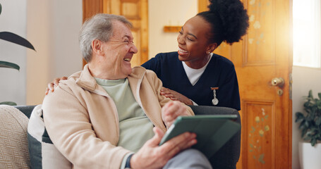 Tablet, nurse and senior man on sofa browsing on internet for medical consultation research....