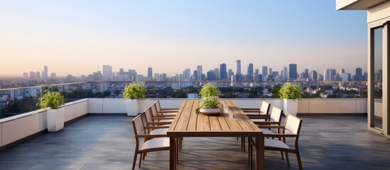 Spacious rooftop balcony with cityscape dining With copyspace for text - obrazy, fototapety, plakaty