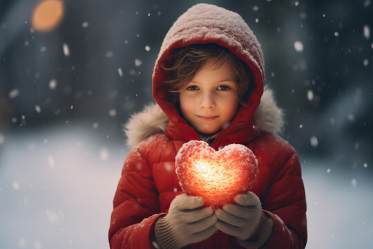 A child holding a glowing heart in a snowy night. Concept of kindness and help