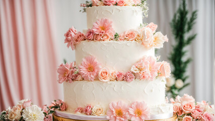 Beautiful multi-tiered wedding cake, flowers