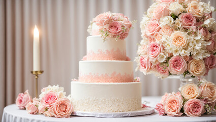 Fototapeta na wymiar Beautiful multi-tiered wedding cake, flowers