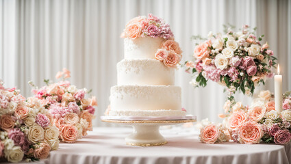 Obraz na płótnie Canvas Beautiful multi-tiered wedding cake, flowers