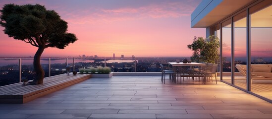 Sunset view from a contemporary penthouse balcony With copyspace for text