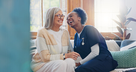 Senior patient, funny or happy caregiver talking for healthcare support at nursing home clinic. Smile, women laughing or nurse speaking of joke to a mature person or woman in a friendly conversation - obrazy, fototapety, plakaty