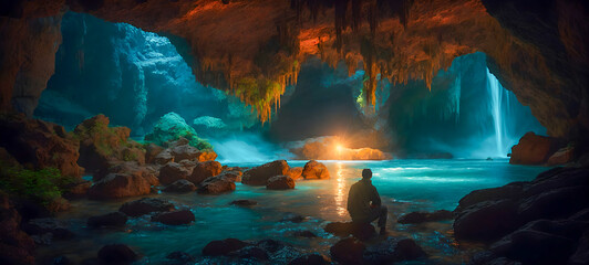  adventurer discovering a hidden mesmerizing underground cave 