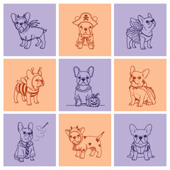 Set of 9 French Bulldogs in various Halloween Costumes