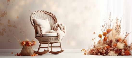 Cozy Scandinavian interior with a bohemian style bedroom featuring a wicker basket and dried flowers near a rocking chair With copyspace for text
