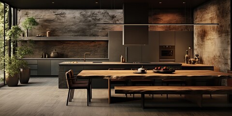 AI Generated. AI Generative. Modern luxury kitchen room house in black colors. Stone and wood decoration. Graphic Art