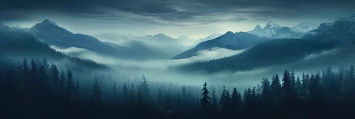Papier Peint photo Vert bleu Mystical mysterious fog over the forest tops with a view of the mountains at dawn, banner