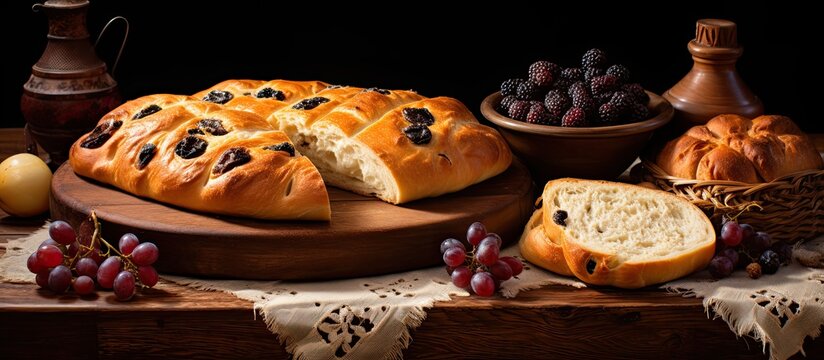 Traditional Romanian Easter bread called pasca is made with cheese raisins and beautifully decorated eggs in accordance with the Orthodox Easter tradition