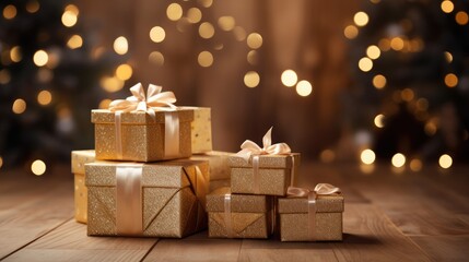 A beautifully arranged stack of Christmas gifts on a rustic wooden table, ready to bring joy and excitement to the holiday season