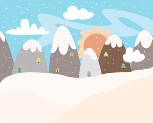 Flat vector landscape with silhouettes of trees, hills and mountains with falling snow.  Beautiful Christmas winter flat landscape background. Christmas forest forests with mountains. New Year vector 