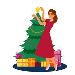new year's illustration - a young woman in a dress decorating a Christmas tree. flat drawing in cartoon style, red and green color. merry Christmas sign. stock vector illustration.