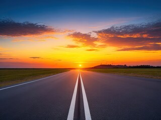 Naklejka premium A deserted asphalt road with a breathtaking sky at dusk.