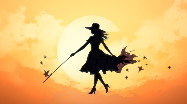 Blonde witch in short dress on broomstick with bat silhouette.