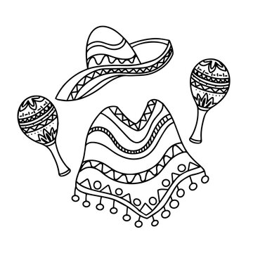 Mexican Traditional Clothes Sombrero Hat Maraca, Mexico Cinco De Mayo Holiday Flat Vector Illustration. Cinco de Mayo Mexican Hat, Maracas Cartoon Clipart. Mexican poncho icon line art