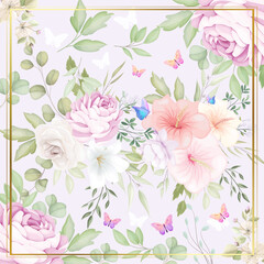 White Pink Floral Butterfly Art Work with Golden Fram