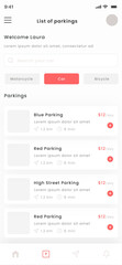 Car Parking, Truck Space Finder, Motorcycle and Bicycle Garage Mobile App Ui Kit Template