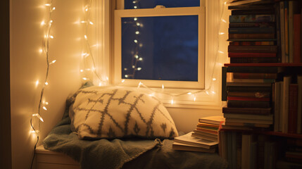 A snug, twinkling reading corner piled with tomes ideal for evoking tranquility, dreaminess, or cozy vibes.