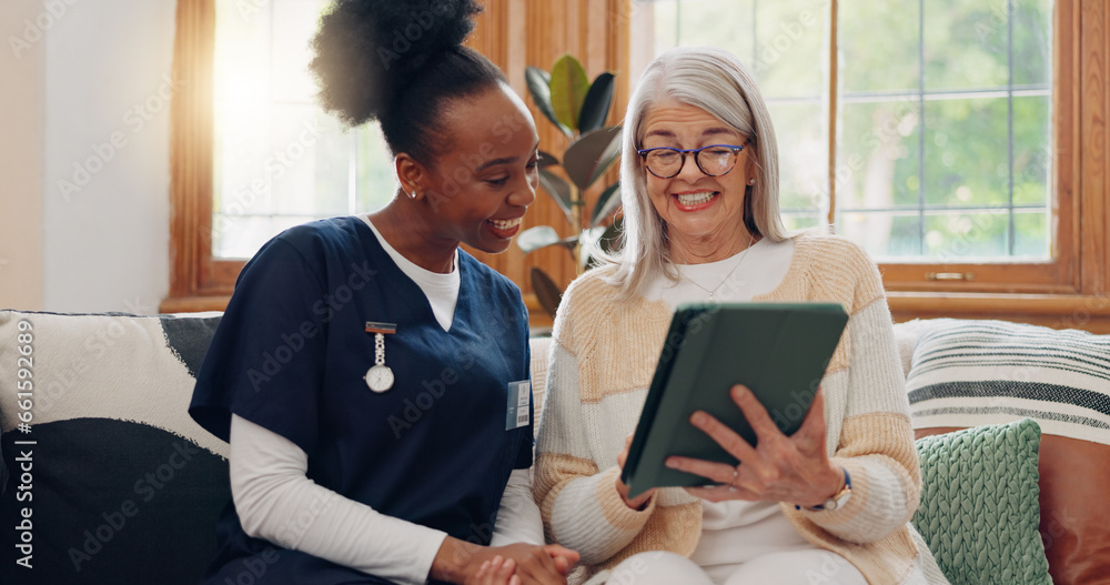 Poster Senior, woman and caregiver with tablet for consulting, medical information and health communication on sofa. Elderly, professional and nurse with touchscreen for online report, advisory and results