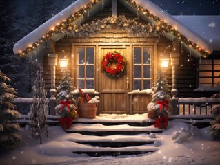 Obraz na płótnie Canvas A snowy winter scene with a cozy log cabin decorated with Christmas lights and a wreath on the door, ai generator