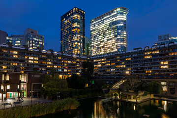 Twilight view of Barbican in City of London, England