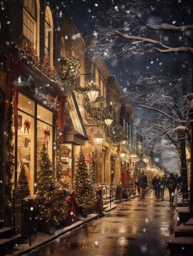 A bustling city street with shops and storefronts decorated with holiday displays and shoppers carrying bags of Christmas gifts, ai generator