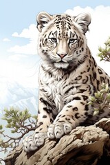 A painting of a snow leopard sitting on a rock.