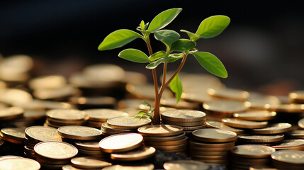 Fototapeta na wymiar A green sprout, a money tree, grows from gold coins.