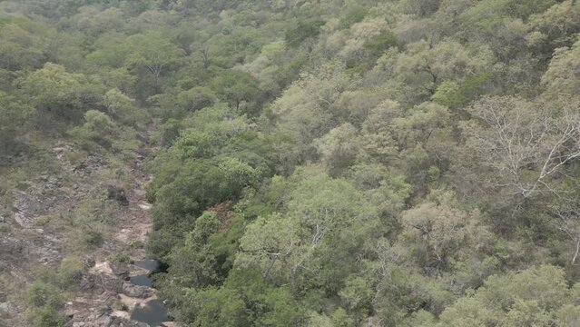 Drone footage of the scenic waterfall Chorro San Luis embedded in a thick, tropical forest near Robor&eacute; in the lowlands of Bolivia - Traveling and exploring South America - raw version