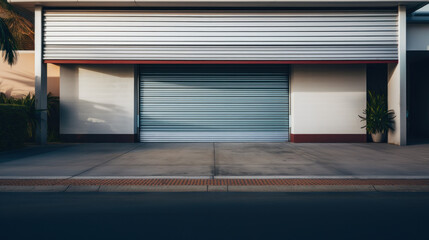 Closed gray roller shutters, closed storage area or garage, warehouse space