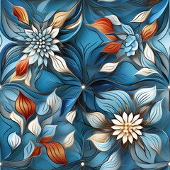 A painting of flowers and leaves on a blue background. Seamless pattern.