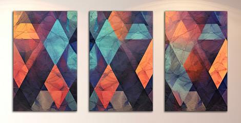 A set of abstract geometric art canvases with dark orange and turquoise colors. Vintage poster design. Illustration - obrazy, fototapety, plakaty