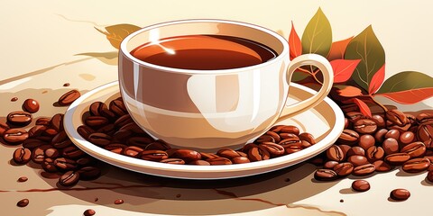 A cup of coffee on a saucer surrounded by coffee beans.