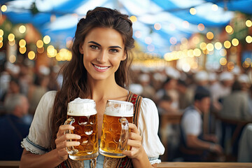 joven camarera con vestido típico aleman sosteniendo dos jarras de cerveza  . Concepto celebración oktoberfest