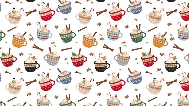 4k animated Christmas cute mugs motion pattern with cocoa or coffee sweet cream gingerbread cookies candy canes cinnamon sticks and vanilla flowers Decorative ornamental holiday coffee cups texture