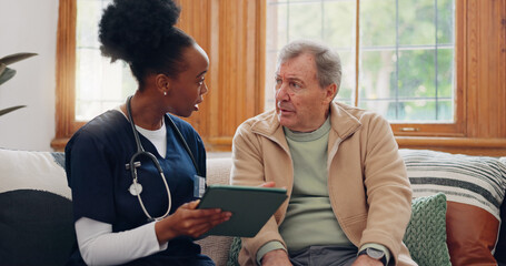 Senior, man and caregiver with tablet for consulting, medical information and communication with lens flare. Elderly, professional and nurse with touchscreen for online report, advisory and results