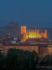 Cathedral of Huesca and ruins of Montearagon. Views of Huesca Cathedral with Montearagon Castle in...