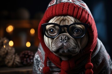A pug wearing glasses and a knitted hat.