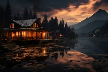 Fototapeta premium A house on a lake at night with a mountain in the background.