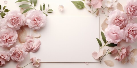 Wedding, birthday stationery mock-up scene. Blank paper greeting card, invitation. Decorative floral composition. Closeup of pink roses petals, peonies, hydrangea flowers and eucalyptus leaves.  - Powered by Adobe