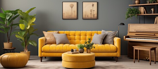 The cozy apartment s stylish boho living room features a design coffee table gray sofa honey yellow pillows piano wooden shelf plants elegant personal accessories and mock up paintings With